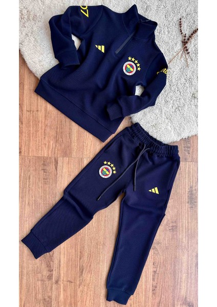 Fenerbahçe - 5 Yıldızlı Yarım Fermuarlı 3 Iplik Çocuk Eşofman Takımı