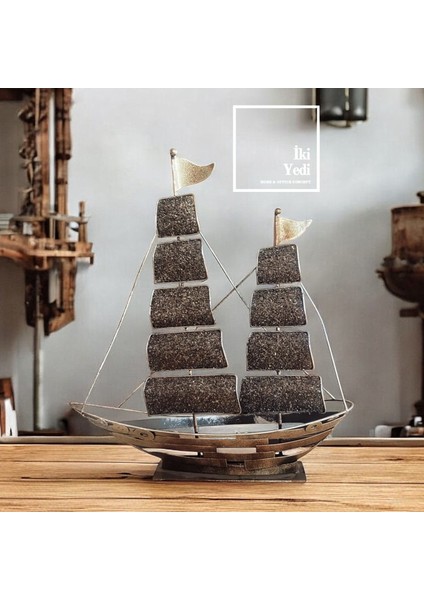 Zlatan 77-2 Çift Direkli Dekoratif Yelkenli Gemi Maketi Biblosu Metal Masaüstü Obje Endüstriyel