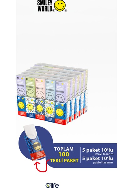 SmileyWorld Cep Mendili 10 paket 10'lu 2 farklı tasarım