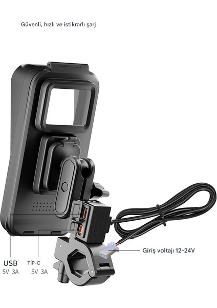 Su Geçirmez Gidon Bağlantılı USB Şarj Çıkışlı Telefon Tutacağı Kilitli Motosiklet ve Bisiklet Telefon Tutucu