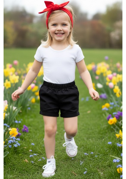 Kız Çocuk Siyah Jean Şort Dev Fiyonk Bandana Takım