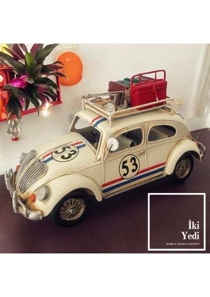 Vosvos 53 Retro Araba Maketi 38 Cm, Bavullu Metal Nostaljik Obje, Vintage Ev Ofis Hediyesi