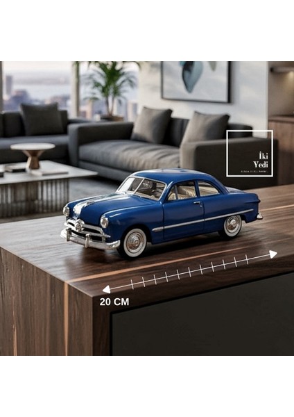 Retro Mavi Ford Coupe Tarzı Dekoratif Araba Maketi 20 cm Masaüstü ve Raf Üstü Obje Ofis Hediyesi
