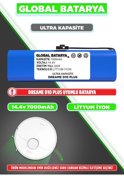 Dreame D10 Plus Robot Süpürge Bataryası 14.4v 7000mah Li-Ion Pil (Ultra Kapasite)