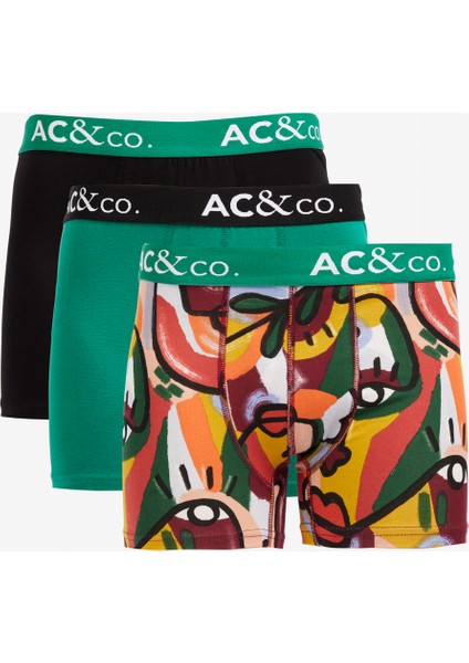 AC&Co / Altınyıldız Classics Erkek Siyah-Yeşil Desenli Pamuklu Esnek 3'lü Boxer Paketi