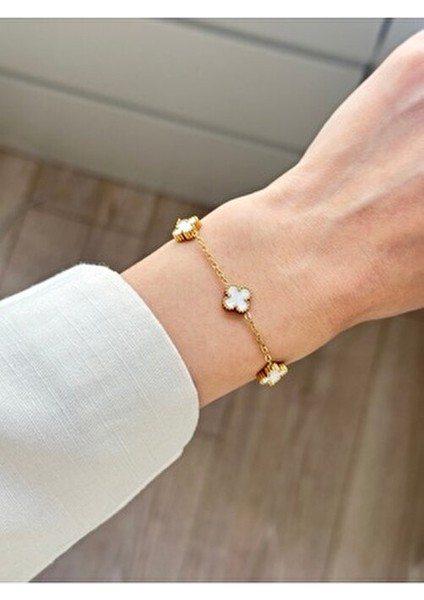 316L Paslanmaz Çelik Yonca Sedefli Beyaz Kadın Bileklik Gold Çift Taraflı modelleri