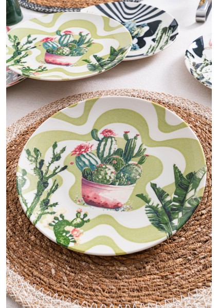 6'lı Kaktüs Desenli Pasta Tabağı Seti 20 cm - Kahvaltı ve Tatlı Sunum Tabakları fırsatları