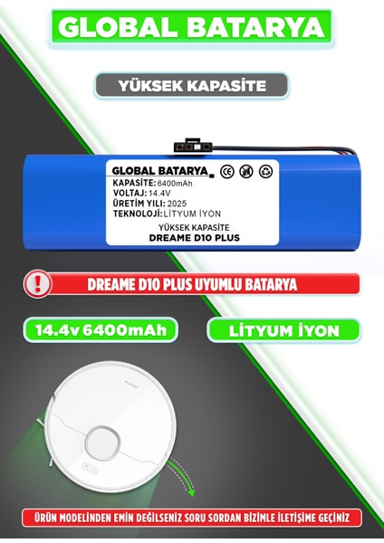 Dreame D10 Plus Robot Süpürge Bataryası 14.4v 6400mah Li-Ion Pil (Yüksek Kapasite)