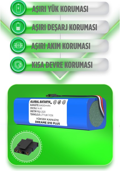 Dreame D10 Plus Robot Süpürge Bataryası 14.4v 6400mah Li-Ion Pil (Yüksek Kapasite) fiyatları