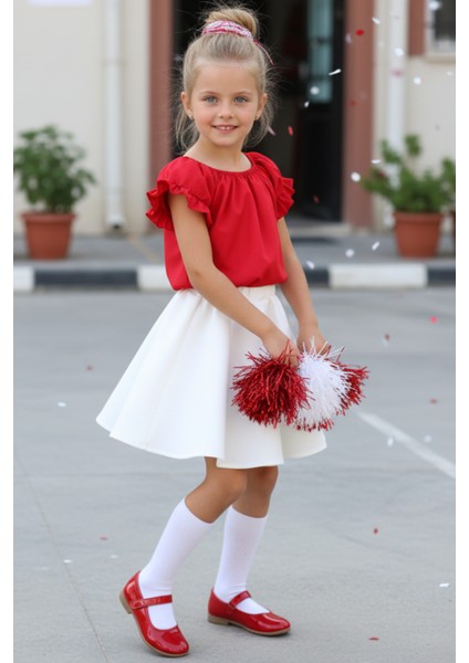 Kız Çocuk Kırmızı Bluz Krem Etek 23 Nisan 29 Ekim Gösteri Takımı