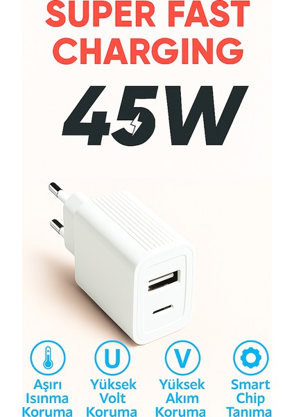 Samsung Galaxy S21 Ultra 5g Uyumlu 45W Ultra Hızlı Çoklu Şarj Cihazı Adaptör Qualcomm 3.0 + Pd