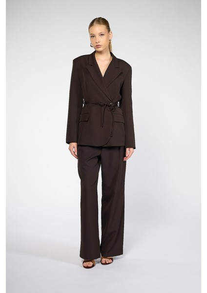 Kadın Acı Kahve Bağcıklı Dokuma Blazer