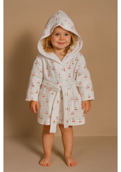 Müslin Bornoz Kiraz Desenli % 100 Pamuk, Dört Kat Müslin, Organik