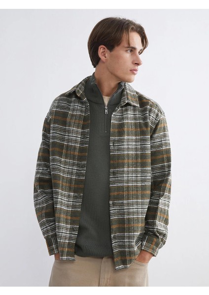 Xsıde Haki Rahat Kalıp Uzun Kollu Ekose Erkek Oduncu Gömlek Ceket