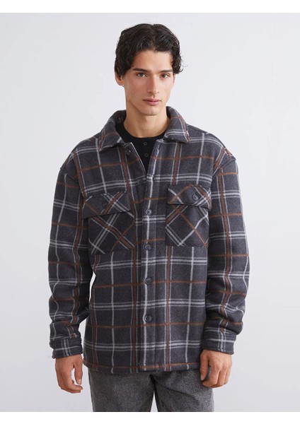 Xsıde Antrasit Rahat Kalıp Uzun Kollu Ekose Erkek Gömlek Ceket