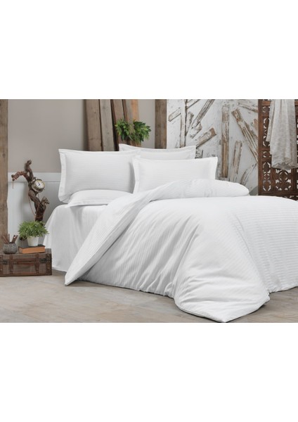 Saten Lastikli Çarşaflı Beyaz Çift Kişilik Nevresim Takımı