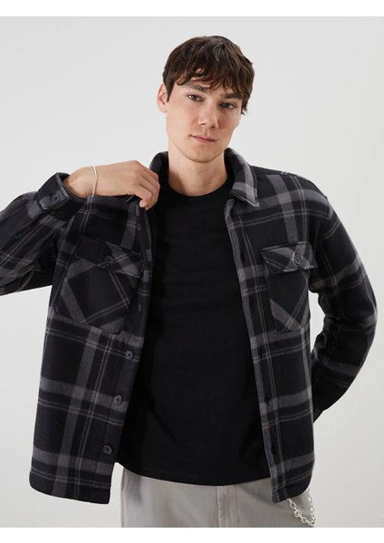Xsıde Siyah Rahat Kalıp Uzun Kollu Ekose Erkek Gömlek Ceket