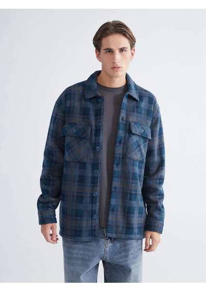 Xsıde Petrol Rahat Kalıp Uzun Kollu Ekose Erkek Gömlek Ceket