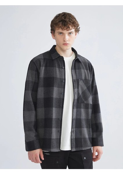 Xsıde Siyah Rahat Kalıp Uzun Kollu Ekose Erkek Oduncu Gömlek Ceket