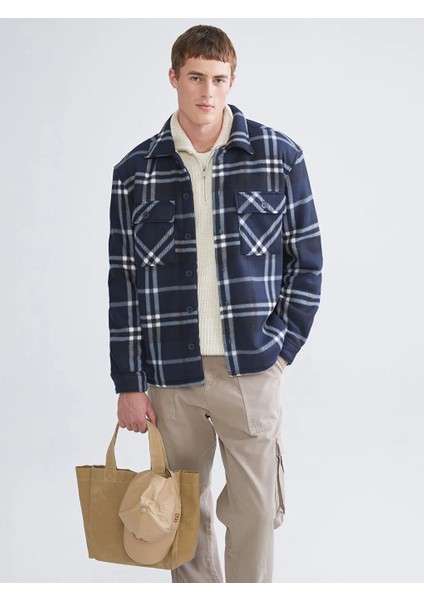 Xsıde Lacivert Rahat Kalıp Uzun Kollu Ekose Erkek Gömlek Ceket