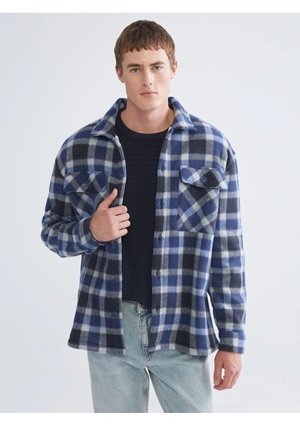 Xsıde Lacivert Rahat Kalıp Uzun Kollu Ekose Erkek Gömlek Ceket