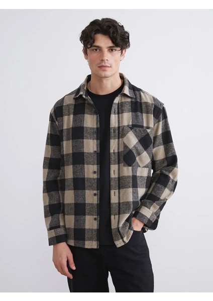 Xsıde Bej Rahat Kalıp Uzun Kollu Ekose Erkek Oduncu Gömlek Ceket