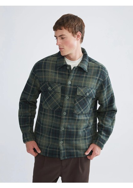 Xsıde Yeşil Rahat Kalıp Uzun Kollu Ekose Erkek Gömlek Ceket