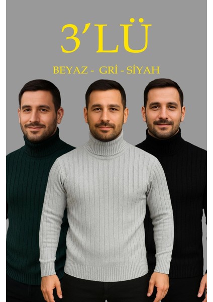 Erkek Fitilli Triko Kazak 3'lü Set Gri Haki Siyah Regular Balıkcı Yaka Tam Boğazlı Triko Seti Modeli Kazak