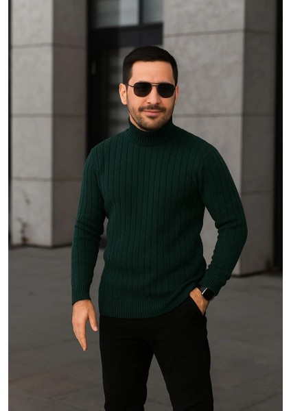 Erkek Fitilli Triko Kazak 3'lü Set Gri Haki Siyah Regular Balıkcı Yaka Tam Boğazlı Triko Seti Modeli Kazak modelleri