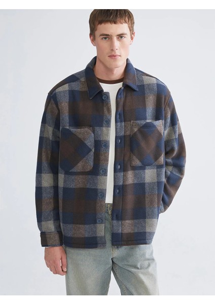 Xsıde Lacivert Rahat Kalıp Uzun Kollu Ekose Erkek Gömlek Ceket