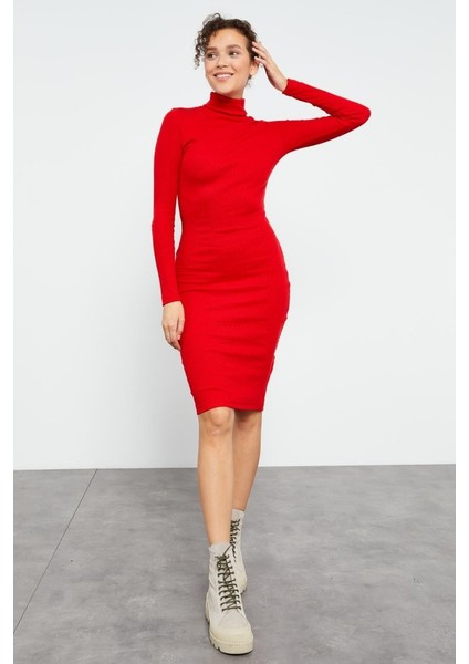 Yake Store Kırmızı Kaşkorse Triko Dar Kalıp Balıkçı Yaka Kadın Elbise - 97117