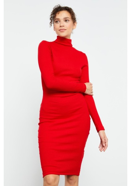 Yake Store Kırmızı Kaşkorse Triko Dar Kalıp Balıkçı Yaka Kadın Elbise - 97117 fiyatları