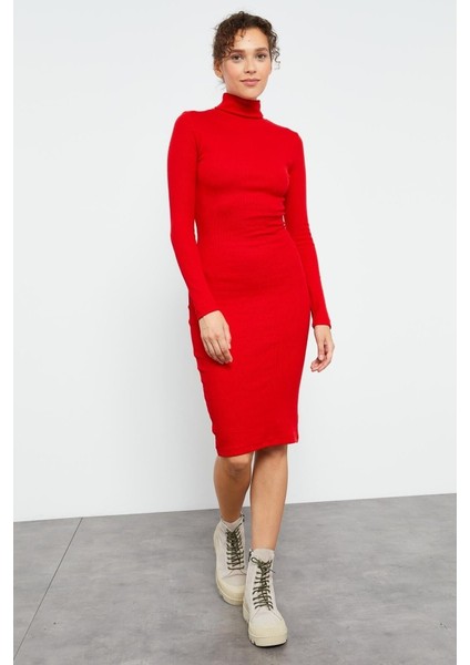 Yake Store Kırmızı Kaşkorse Triko Dar Kalıp Balıkçı Yaka Kadın Elbise - 97117 modelleri