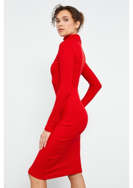 Yake Store Kırmızı Kaşkorse Triko Dar Kalıp Balıkçı Yaka Kadın Elbise - 97117 fırsatları