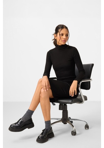 Yake Store Siyah Kaşkorse Triko Dar Kalıp Balıkçı Yaka Kadın Elbise - 97117 modelleri