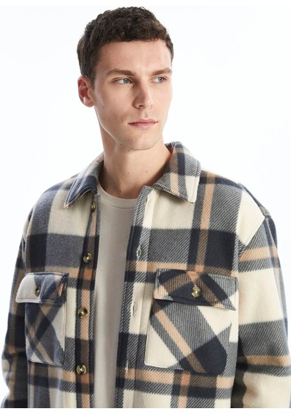 Xsıde Bej Rahat Kalıp Uzun Kollu Ekose Erkek Gömlek Ceket