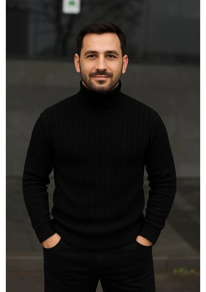 Erkek Fitilli Triko Kazak 2'li Set Bej Siyah Regular Balıkcı Yaka Tam Boğazlı Triko Seti Modeli Kazak modelleri