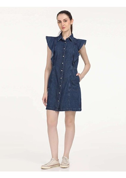 Solid Blue Spread Collar Kadın Denim Elbise