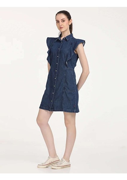 Solid Blue Spread Collar Kadın Denim Elbise fiyatları