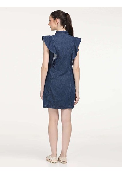 Solid Blue Spread Collar Kadın Denim Elbise modelleri