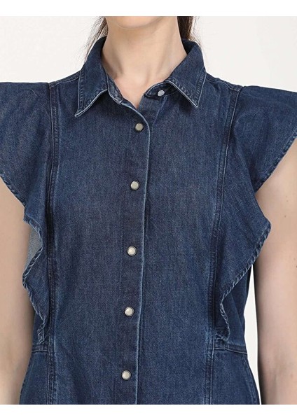 Solid Blue Spread Collar Kadın Denim Elbise fırsatları