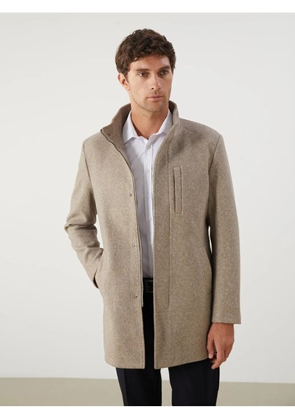 Lcwaıkıkı Classic Bej Büyük Beden Standart Kalıp Dik Yaka Erkek Kaşe Kaban