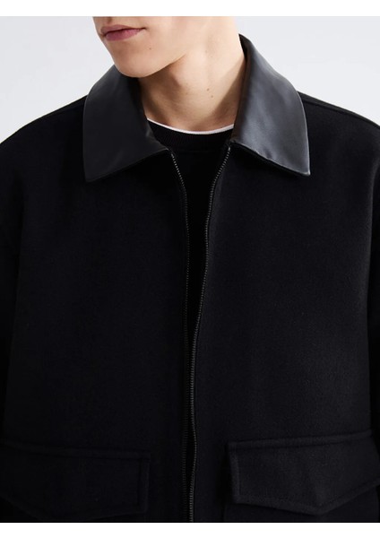 Lcw Vision Siyah Standart Kalıp Gömlek Yaka Erkek Kaşe Mont modelleri