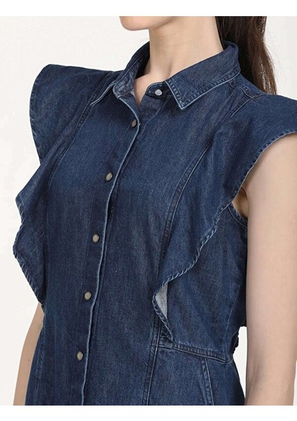 Solid Blue Spread Collar Kadın Denim Elbise indirimleri