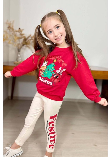 Kız Çocuk Friends Yazı ve Noel Ağacı Detaylı Kırmızı Taytlı Takım