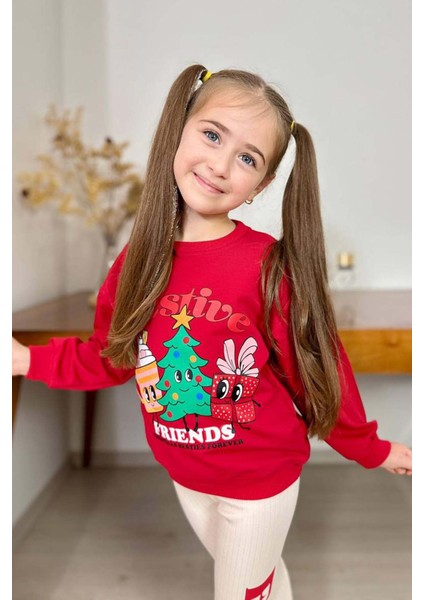 Kız Çocuk Friends Yazı ve Noel Ağacı Detaylı Kırmızı Taytlı Takım fiyatları