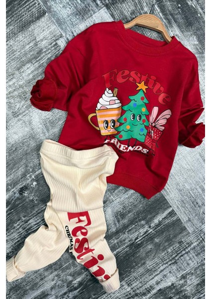 Kız Çocuk Friends Yazı ve Noel Ağacı Detaylı Kırmızı Taytlı Takım modelleri