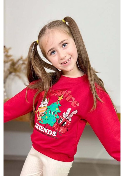 Kız Çocuk Friends Yazı ve Noel Ağacı Detaylı Kırmızı Taytlı Takım fırsatları
