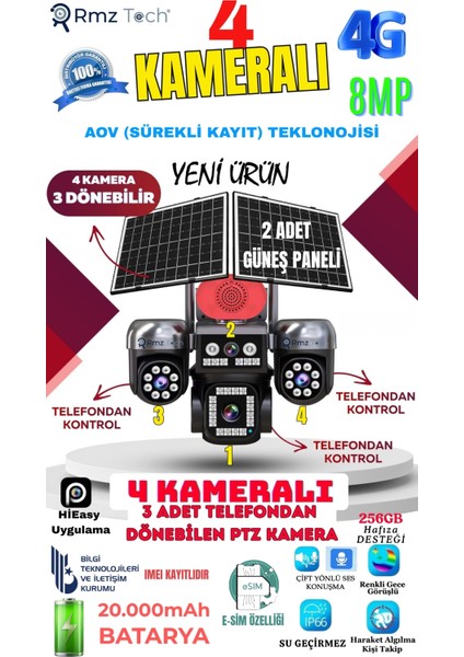 Rmz-Tech AV-S946 4 Kameralı (3 Motorlu+ 1 Sabit) 8mp E Sim 4g Sim Kartlı Ptz Kamera | Gece Renkli Görüş