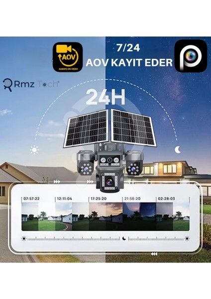 Rmz-Tech AV-S946 4 Kameralı (3 Motorlu+ 1 Sabit) 8mp E Sim 4g Sim Kartlı Ptz Kamera | Gece Renkli Görüş